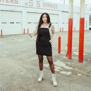 2 Fly Co. Black Aztec Embossed Corduroy Overall Dress with Adjustable Straps